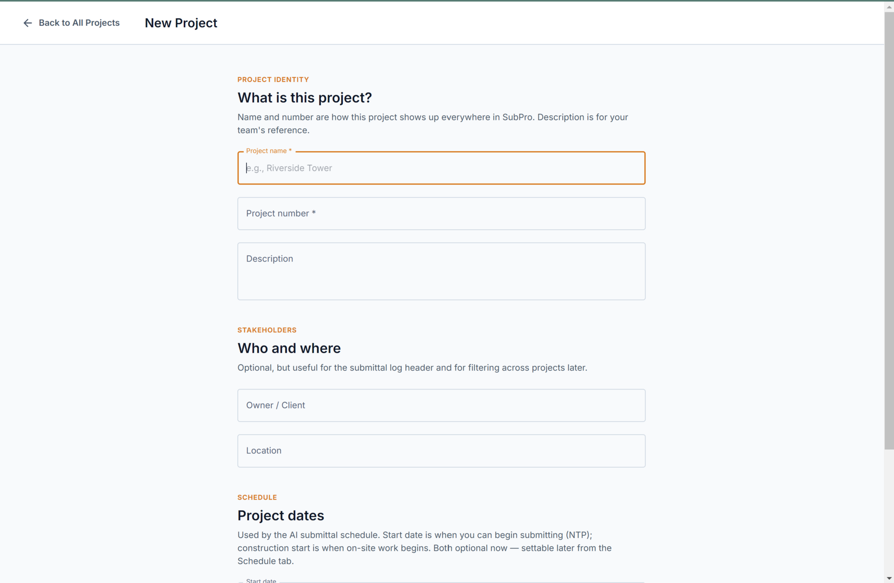 SubPro new project setup form before processing begins