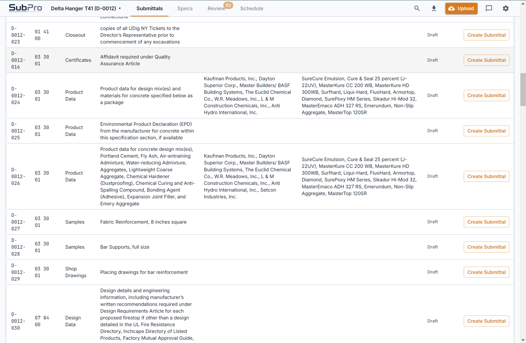 SubPro draft submittal rows with package matches visible