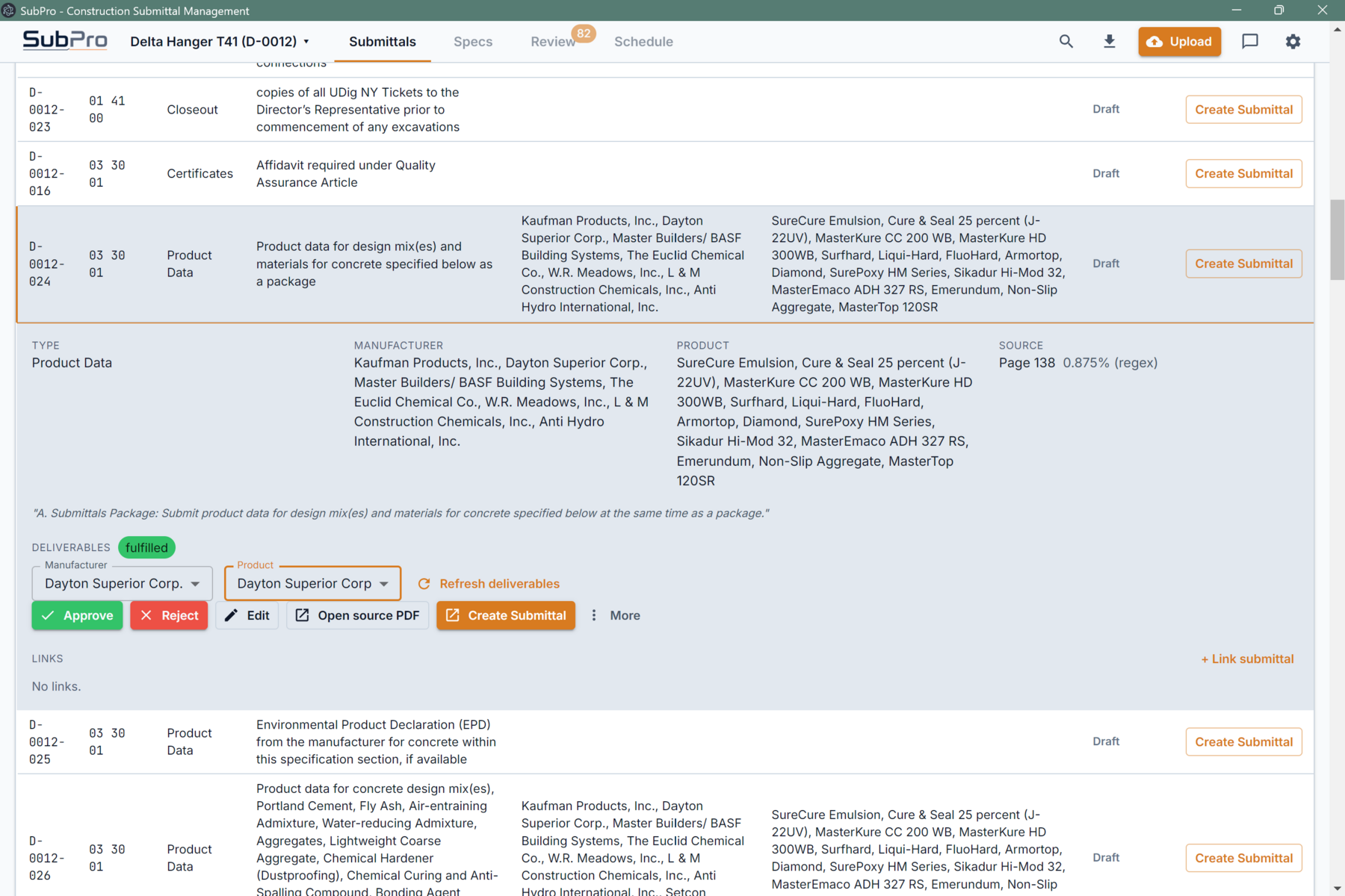 SubPro row actions for review approval source checks and package creation